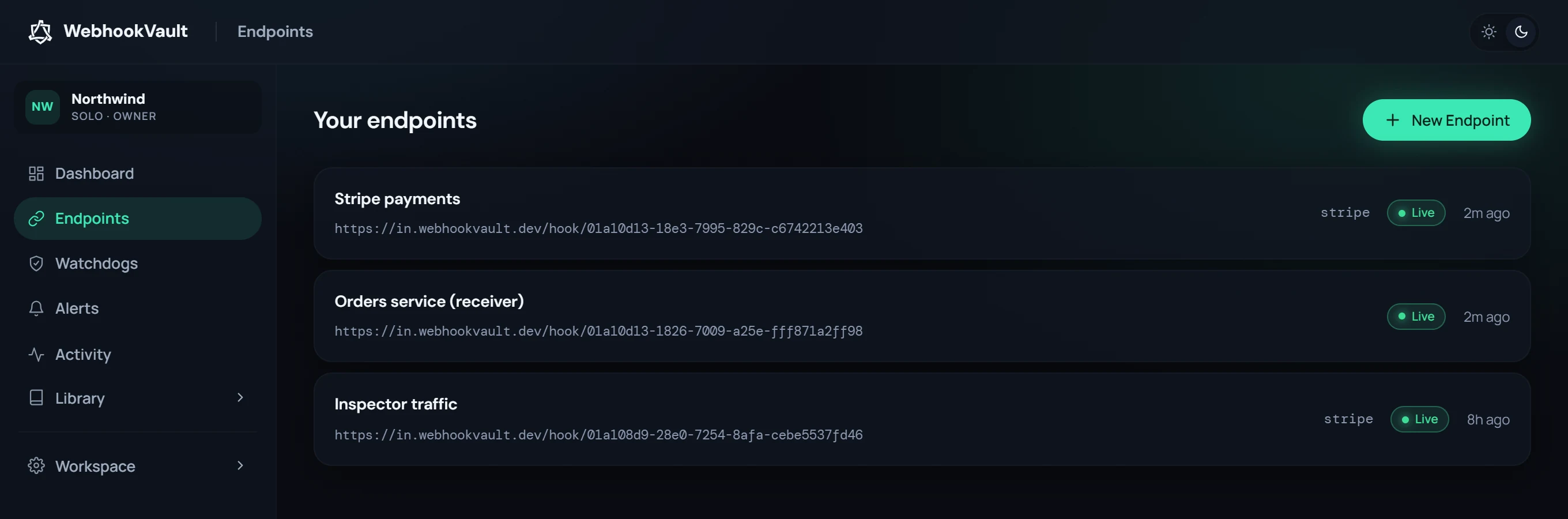 The endpoints list: each endpoint with its capture URL, provider, live status and when it last received a request.