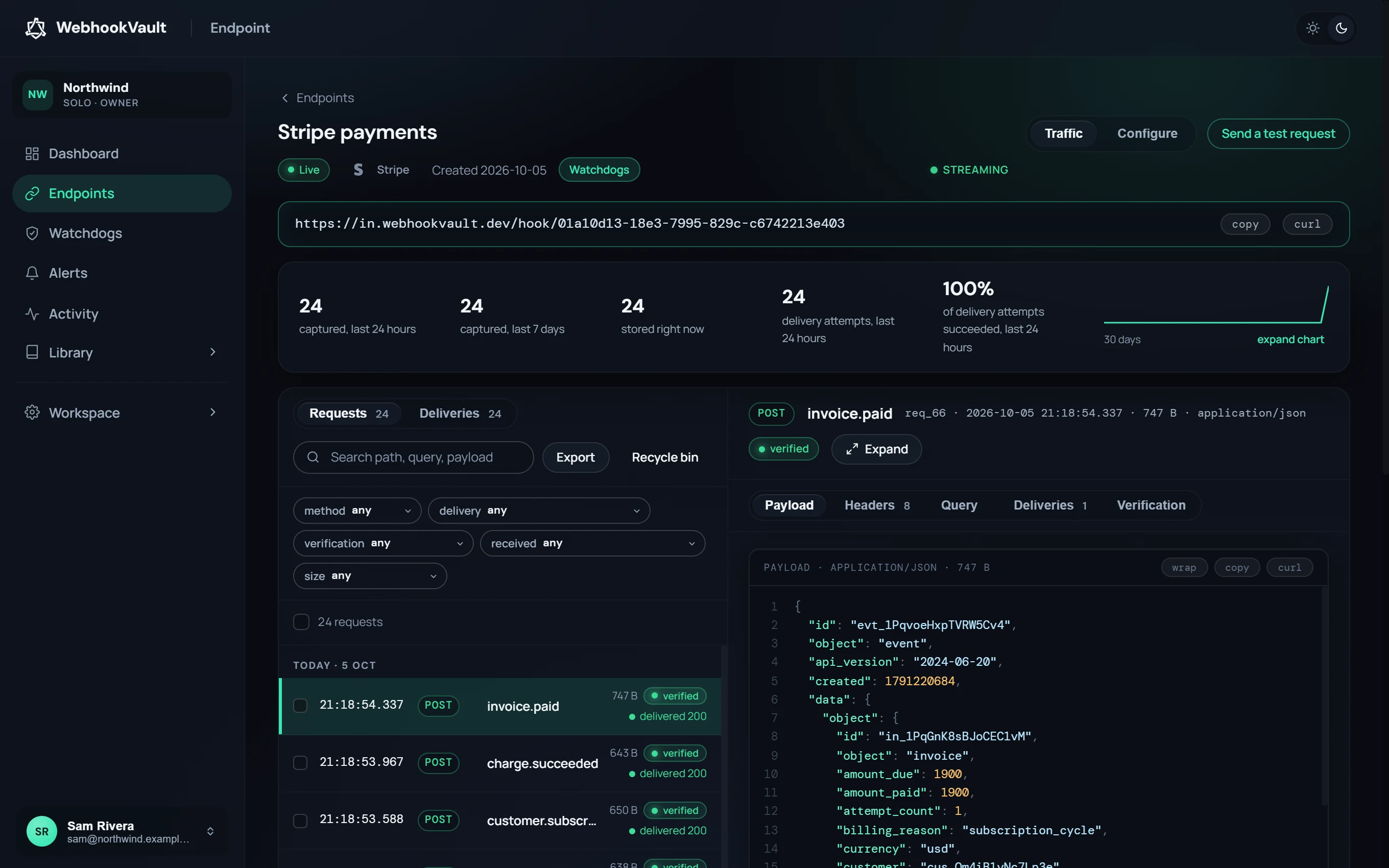 The WebhookVault endpoint page for a Stripe endpoint: capture counts, the request list with verified and delivered chips on each event, and a selected invoice.paid request with its JSON payload.