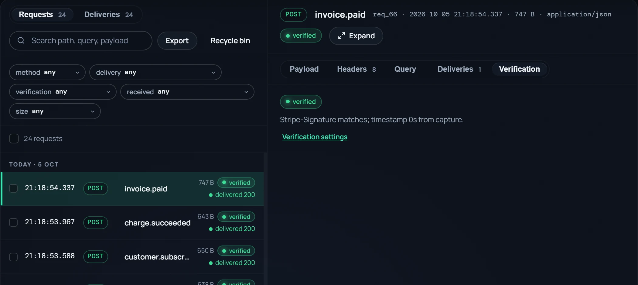 The request list with a verified chip on every Stripe event, beside the Verification tab of a selected invoice.paid request: verified, Stripe-Signature matches, timestamp 0s from capture.